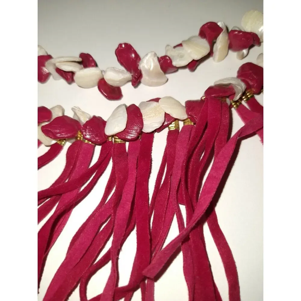Mia Necklace Red Suede Fringe &‎ Shell Statement Bib Adjustable Gold Tone Detail